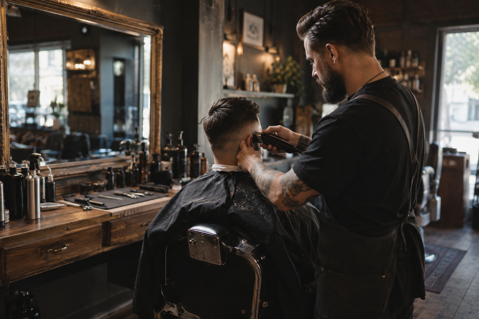 A barber carefully working on a client's haircut